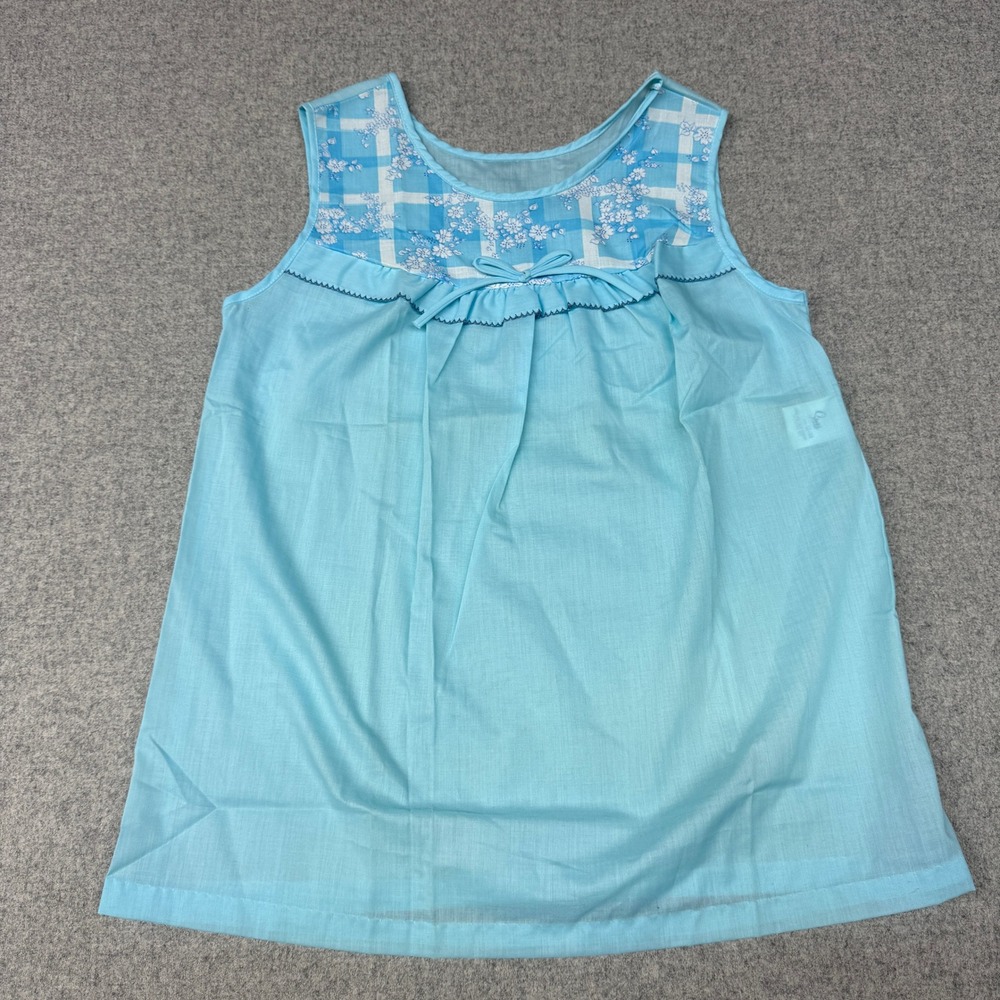 Sears Vintage Nightgown 32-34 Blue Floral Plaid Sleeveless Ruffle Bow 16002